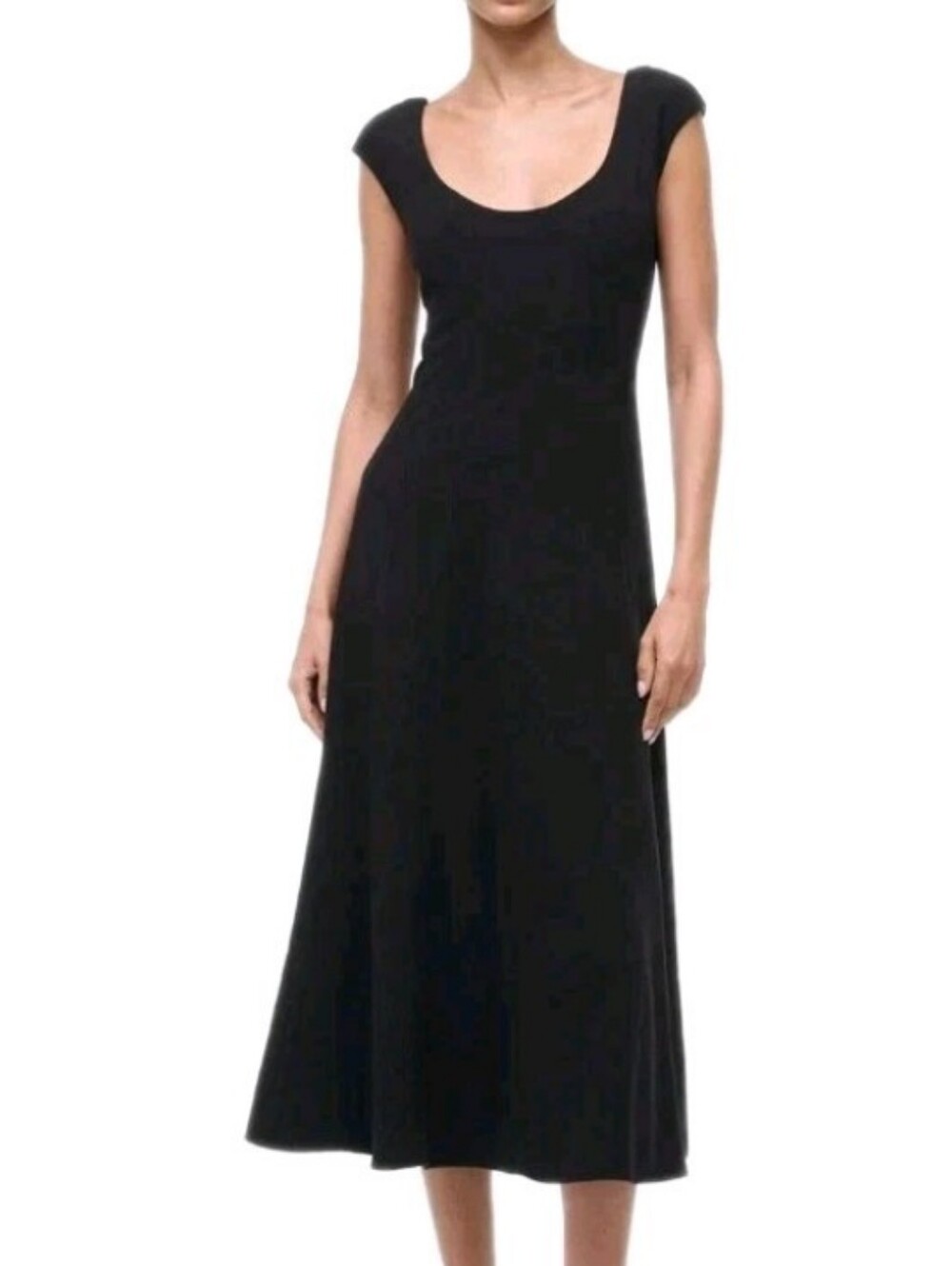 Staud Size 8 Charlotte Black Cap Sleeve Midi Dress Msrp $450